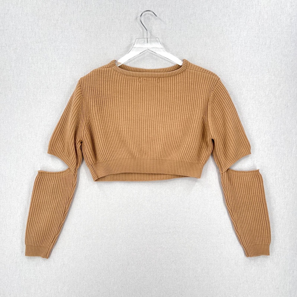 HOUSE OF CB LONDON Mila Sand Cropped Knit Sweater Womens XS Tan Cut out Crew - Picture 5 of 16